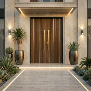 High end walnut wooden front door crafted for luxury homes, combining timeless elegance with modern architecture.