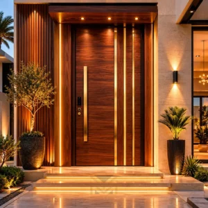 Modern oak wooden door with natural wood grain and matte black handle for luxury villas in Dubai, UAE