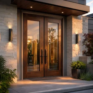 Contemporary teak French door with black metal frame opening to an outdoor patio