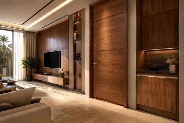 High end woodwork UAE luxury home interior with custom wooden doors and cabinets