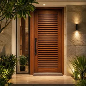Premium walnut wooden louvered bathroom door with horizontal slats