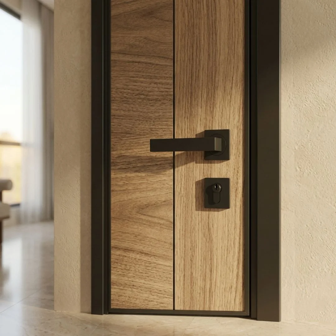 Close up of aluminium framed wooden door with matte black handle
