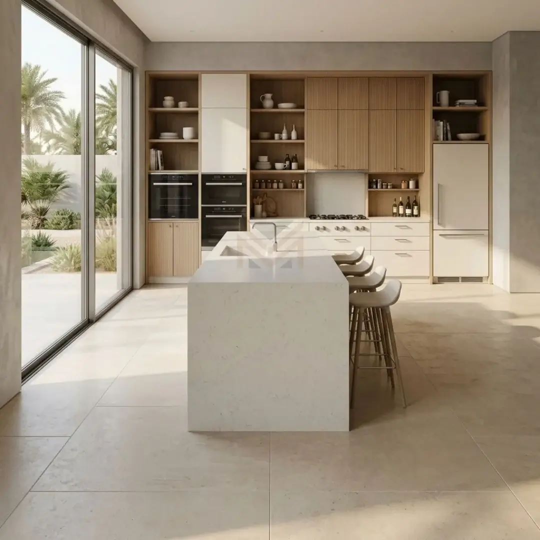 Custom kitchen cabinets Dubai featuring natural oak fluted cabinetry, integrated espresso station, and soft sunlight.