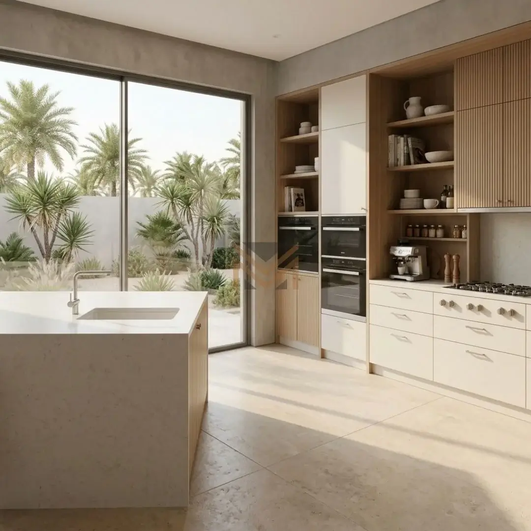 Custom kitchen cabinets dubai with slatted oak upper doors, integrated wall ovens, and floor to ceiling glass doors.