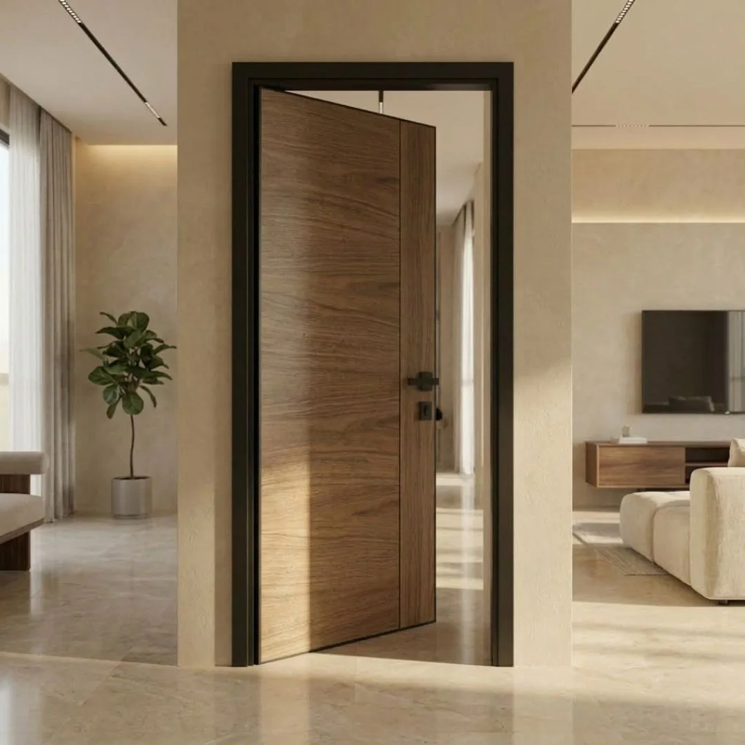 Custom modern wooden door with aluminium frame for UAE interiors