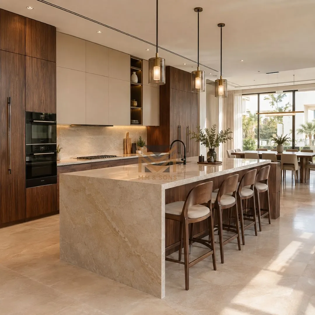 Luxury walnut and beige kitchen cabinets with a large stone island in a modern UAE villa
