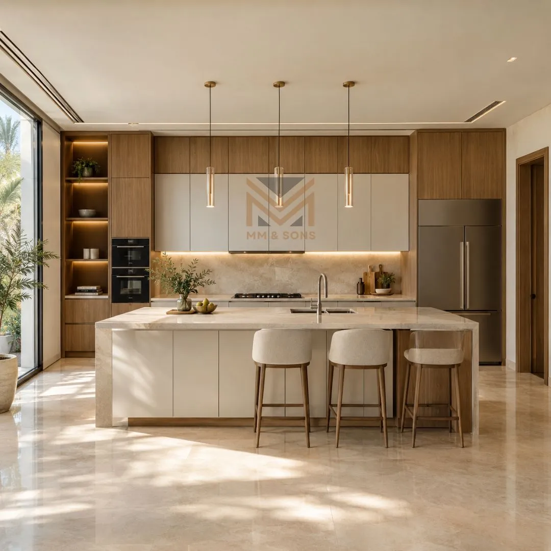 Modern custom kitchen cabinets with warm oak accents and off white cabinetry in a luxury UAE villa