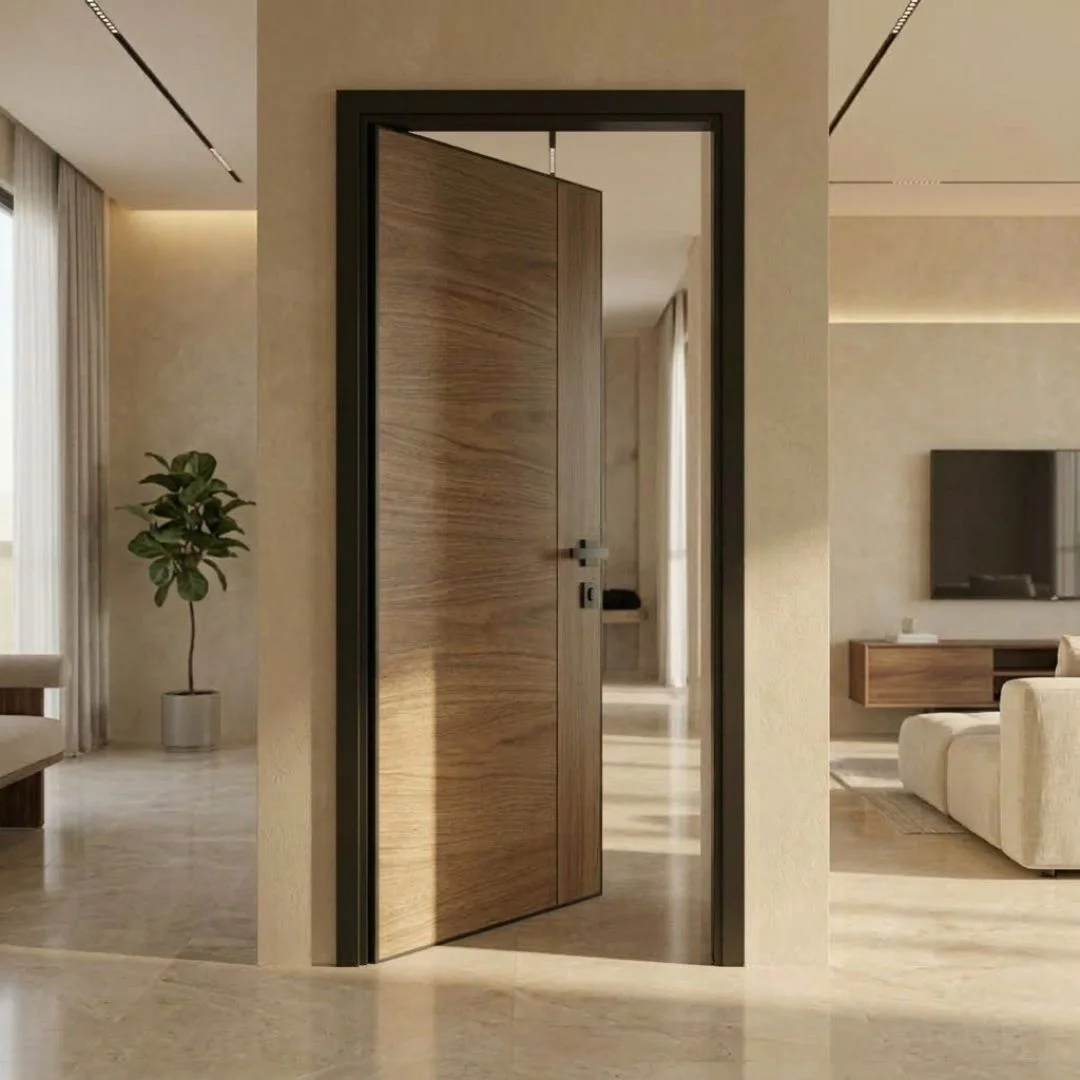 Modern flush wooden door with dark aluminium frame and wood grain
