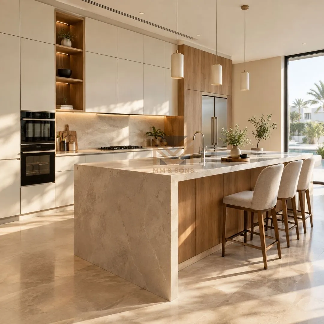 Modern white and natural wood kitchen cabinets with a quartz island in a contemporary UAE villa