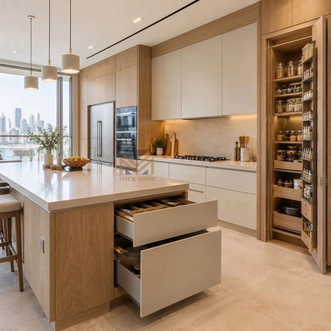 Smart custom kitchen storage with tall cabinets, pantry units, drawers and light oak finishes