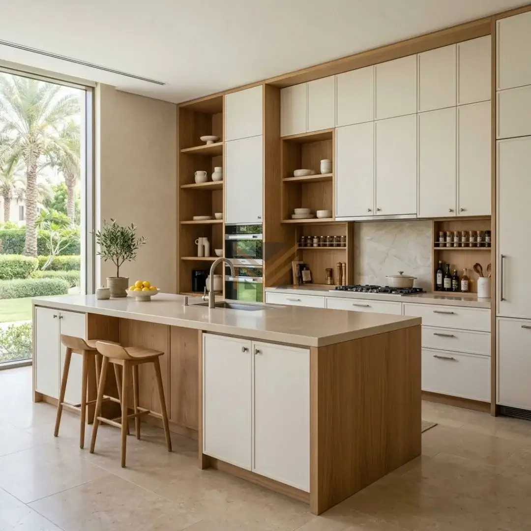 Sunlit contemporary kitchen featuring custom kitchen cabinets dubai, beige stone flooring, and outdoor garden views.
