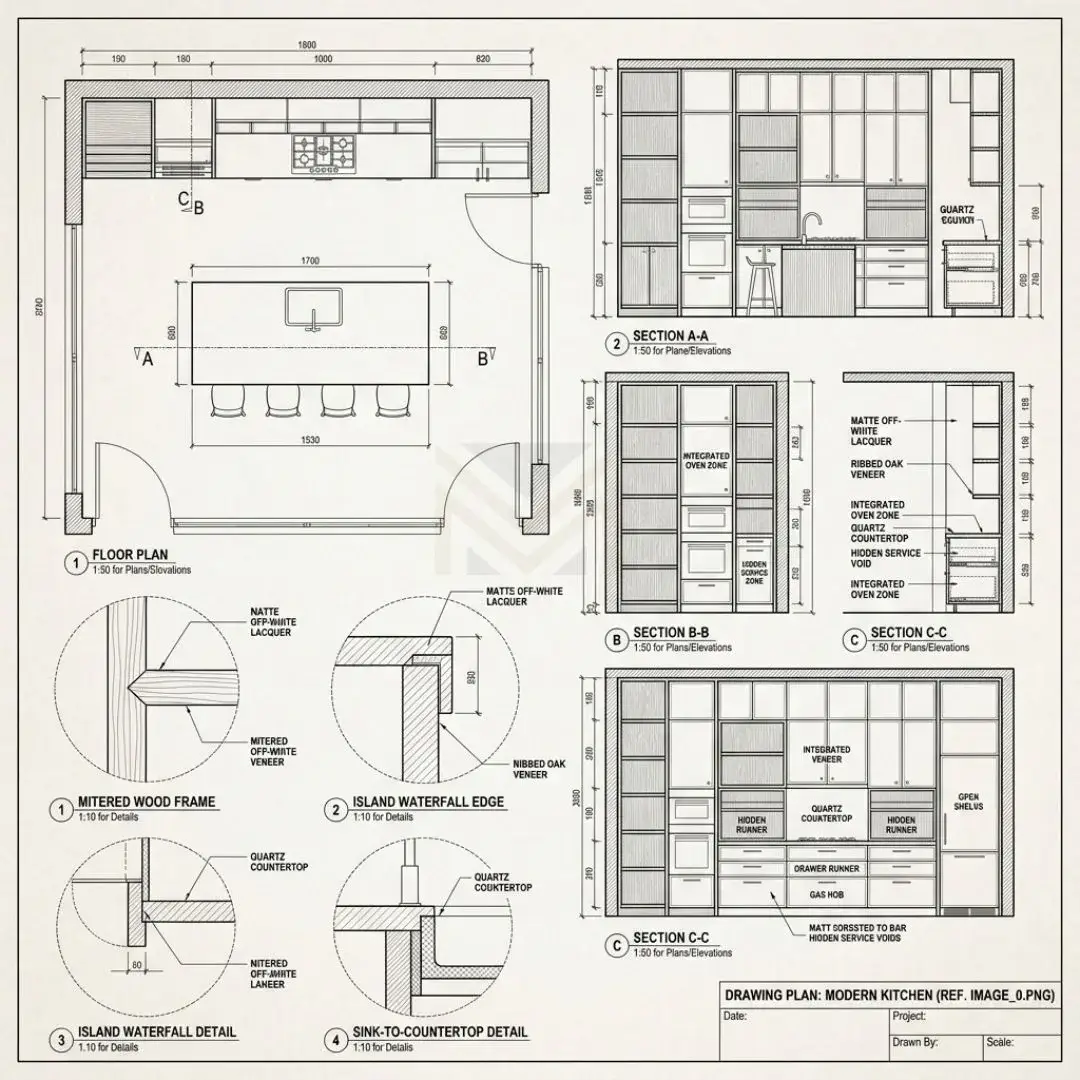 Technical 2D architectural drawing plan for custom kitchen cabinets dubai showing elevations and section details.