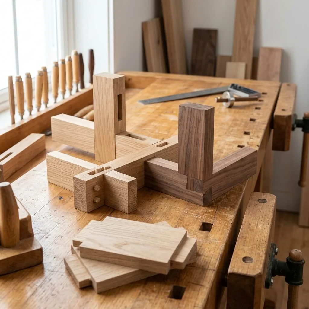 Traditional wood joinery techniques including mortise and tenon joints Traditional wood joinery techniques including mortise and tenon joints